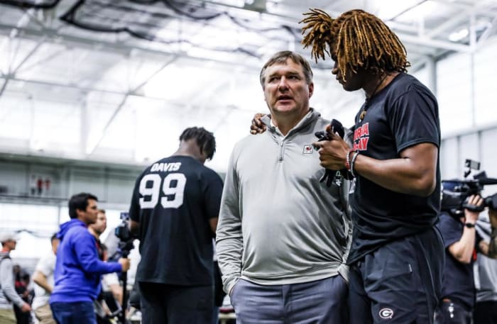 Georgia head coach Kirby Smart, Georgia defensive back Lewis Cine during Georgia’s Pro Day in the Payne Indoor Athletic Facility in Athens, Ga., on Wednesday, March 16, 2022. (Photo by Tony Walsh)